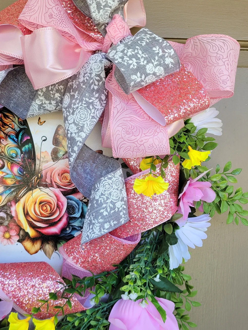 Spring Summer Pink Floral Butterfly Wreath with Bow New